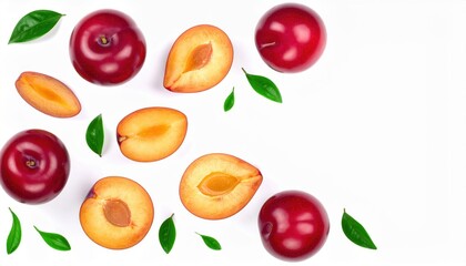 Fototapeta premium Top view of fresh red plums with green leaves on a white background. Whole and halved fruits showcase vibrant colors.