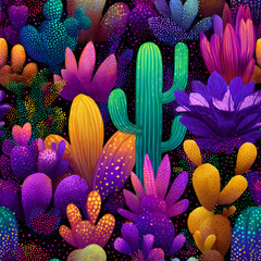 Neon glow plant seamless pattern. Surreal night garden with vibrant cactus and exotic flower. Modern bright psychedelic background.