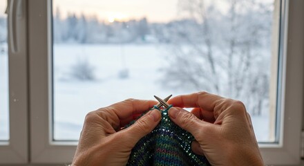 A person knitting colorful yarn with a wintery outdoor scene visible through a window
