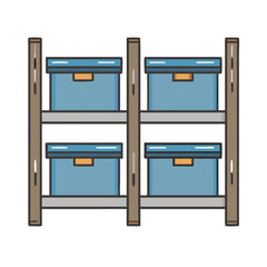 Warehouse or Office Storage Shelf Rack with Boxes Icon Vector
