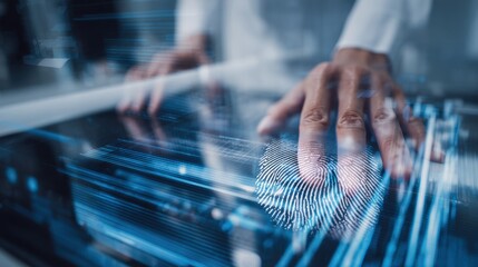 Close view of hands scanning biometric data on a device the background featuring blurred shelves and informational posters about KYC updates.