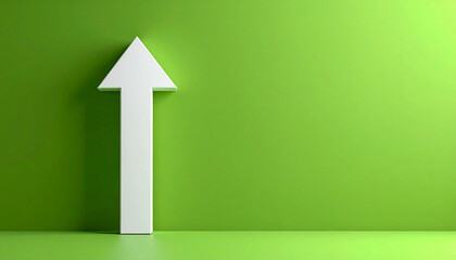 White 3D arrow pointing upward, green background. Symbol of growth, progress and business success