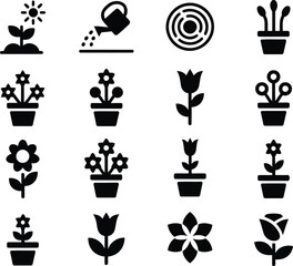 Diverse Black and White Iconography of Botanical Elements Featuring Flowers Plants and Gardening Related Symbols for Design and Decoration Purposes