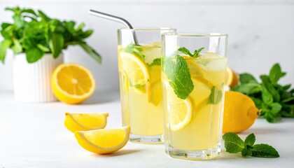 Fototapeta premium Two glasses of lemonade with lemon slices and mint, perfect for a refreshing summer drink.