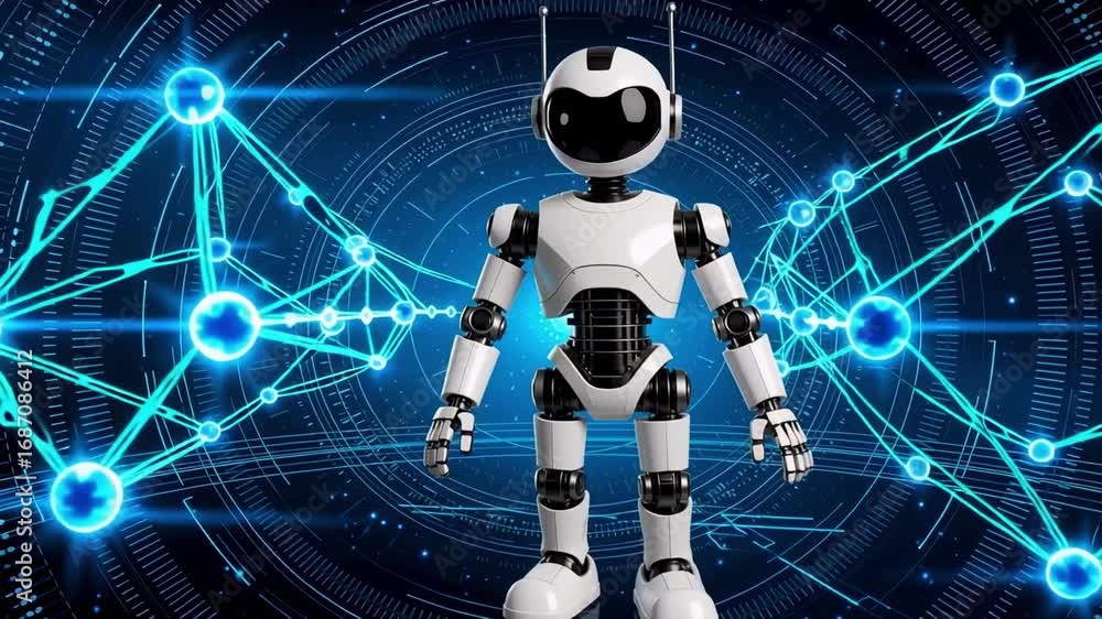 Poster modern ai robot standing confidently with futuristic technology background, representing innovation 