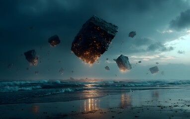 Dreamy beach scene with floating islands digital art surreal landscape view