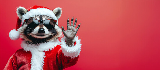 Racoon with sunglasses in Santa Claus Outfit waving to the camera with red background 