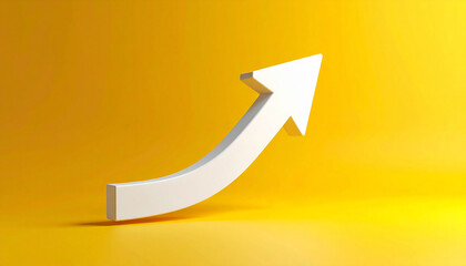 White 3D arrow pointing upward, yellow background. Symbol of growth, progress and business success.