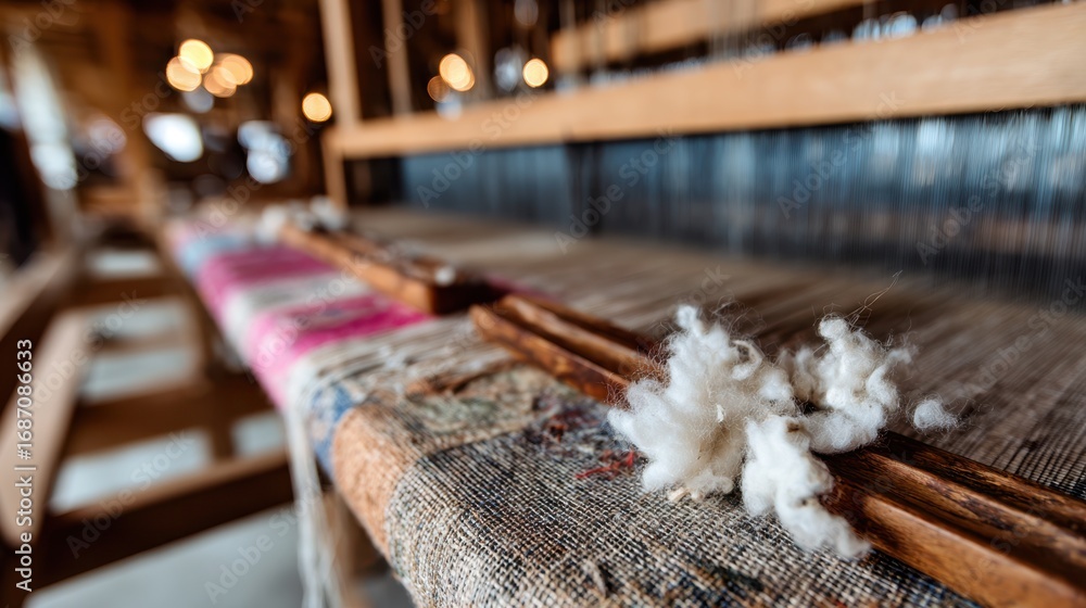 Poster focus on recycled fabric being handwoven on a loom highlighting the intricate fibers in sharp detail