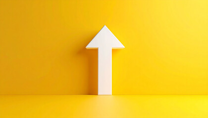 White 3D arrow pointing upward, yellow background. Symbol of growth, progress and business success.
