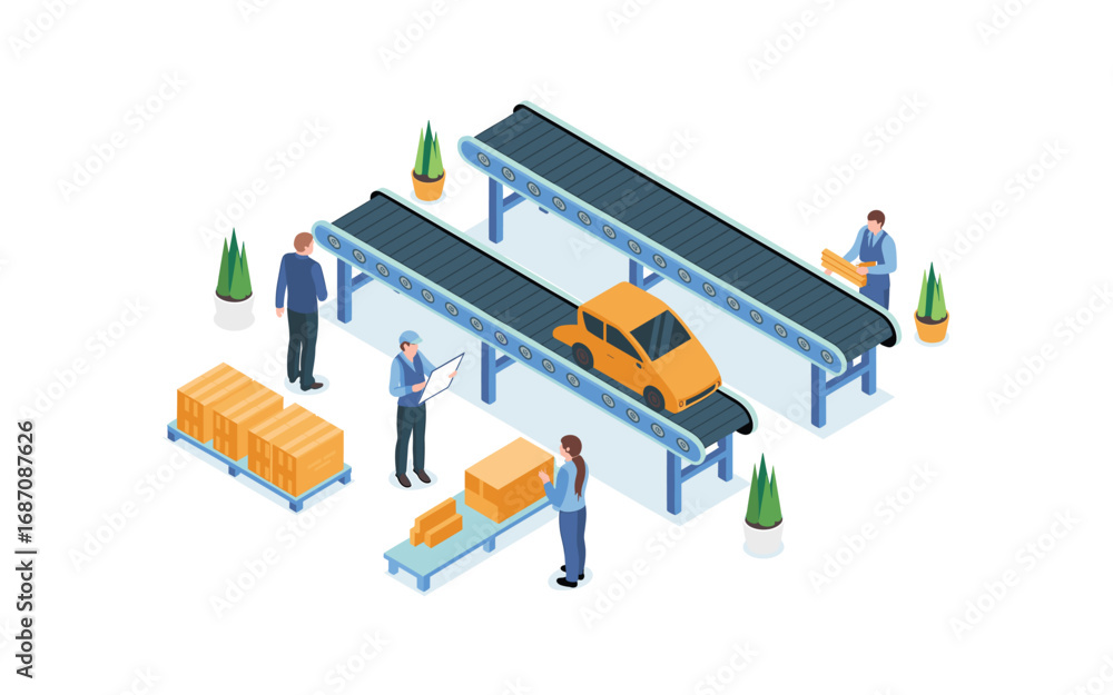 Poster isometric car manufacturing assembly line process with workers, conveyor belts, and quality control 