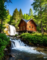 Picturesque mountain cabin beside a cascading waterfall