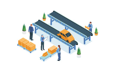 Isometric Car Manufacturing Assembly Line Process with Workers, Conveyor Belts, and Quality Control for Factory Automation and Efficiency in Production.