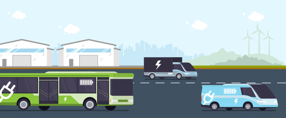 Electric bus, van, and truck on urban road with factory and wind turbines in background, symbolizing eco friendly mobility and renewable energy transport.