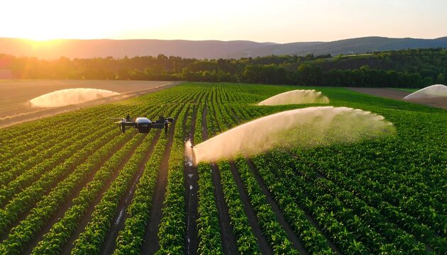 Aerial view of a drone watering a field at sunset