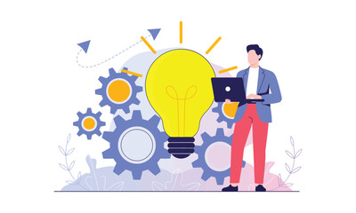 Illustration of person with laptop surrounded by gears and glowing light bulb, symbolizing innovation, teamwork, and creative problem-solving