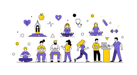 Diverse wellness practices embracing yoga, mindfulness, and physical exercise