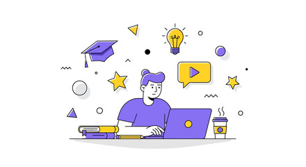 Student pursuing knowledge through online education with laptop and coffee cup