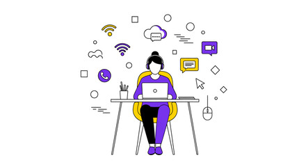 Digital communication network illustration with person connecting online from