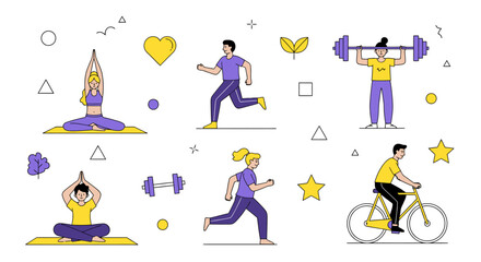 Diverse fitness activities promoting wellbeing and healthy habits illustration