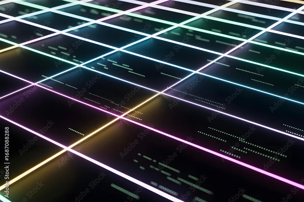 Aufkleber digital grid with illuminated lines: abstract, futuristic and high-tech design, a grid composed of v