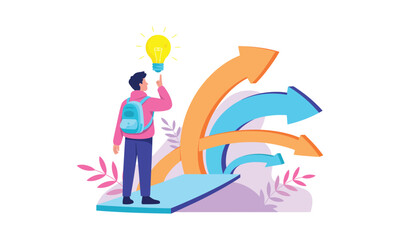 Illustration of person at crossroads holding glowing light bulb, symbolizing decision-making, insight, and choosing life or career paths