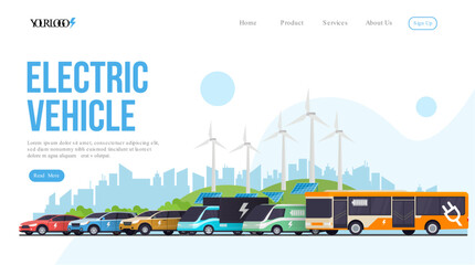 Web Banner Illustration of Electric vehicles with wind turbines and solar panels in modern city background, symbolizing clean energy, eco friendly transport, and sustainable mobility.