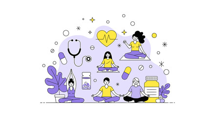 Holistic wellness illustration depicting yoga meditation and medical aids