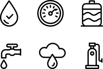 Conceptual Water Treatment and Conservation Icons Featuring a Drop with Checkmark, Pressure Gauge, Water Tank, Faucet, Rain Cloud and Water Pump