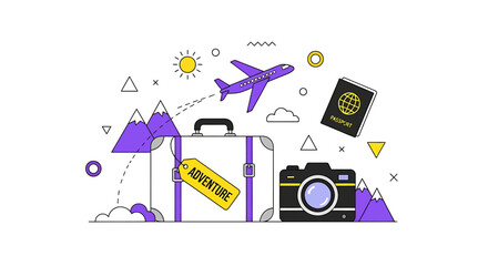 Whimsical travel illustration showcasing a vibrant plane and adventure suitcase