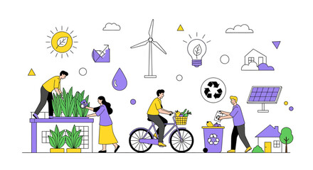 Sustainability themed illustration of people engaging in eco friendly activities