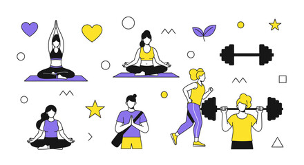 Diverse fitness activity group illustration showcasing health and wellness