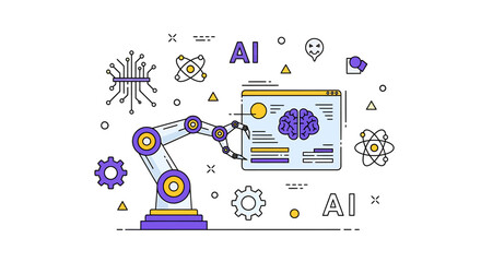 Artificial intelligence robotic arm analyzing brain interface with outline style