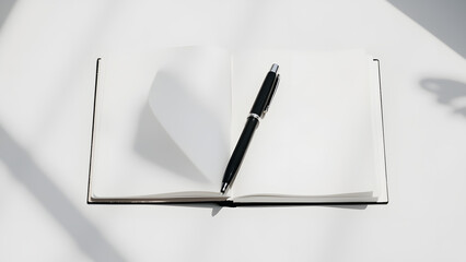Minimal open notebook with single black pen, isolated on neutral background, symbol of planning, writing, and business ideas.