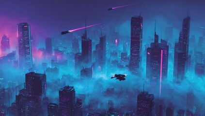 Futuristic cityscape with neon purple lights, skyscrapers, and flying cars in the sky, creating an otherworldly atmosphere