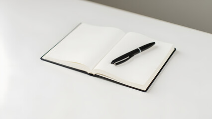 Minimal open notebook with single black pen, isolated on neutral background, symbol of planning, writing, and business ideas.