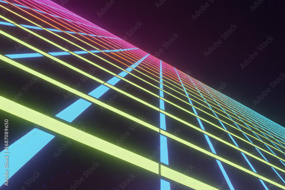 Aufkleber neon grid perspective: a mesmerizing display of a futuristic, neon grid, where vibrant hues of pink,