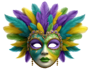 Carnival mask with vibrant feathers gold jewelry green purple yellow face paint festive ornate dramatic celebration mysterious joyful party accessory