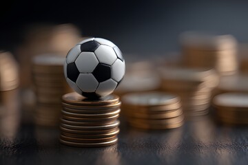 Miniature Soccer Ball on Stacks of Coins Representing Sports Betting and Financial Investment in Football