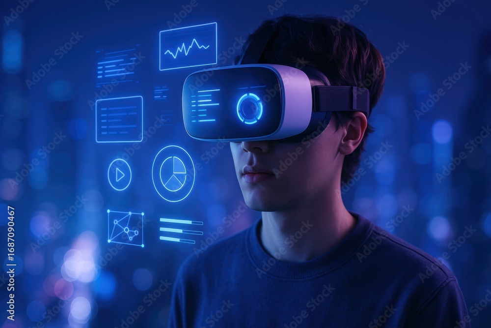 Poster visionary in vr realm: an individual gazes through a virtual reality headset, immersed in a futurist