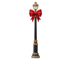 Festive street lamp with gold trim and large red ribbon bow, classic holiday decoration for outdoor winter celebration, cheerful seasonal atmosphere
