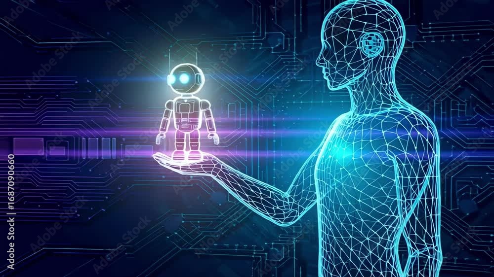Poster futuristic ai creation: human-like form holding a glowing robot, representing advanced technology an