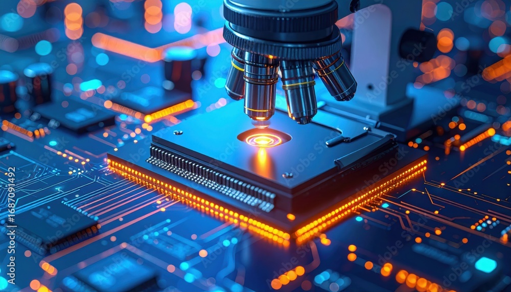 Poster a close-up of a microscope examining a microchip on a circuit board, showcasing intricate technology