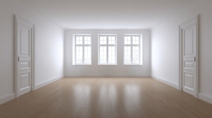 A minimalist living room with clean lines, white walls, and wooden floors, exuding simplicity.