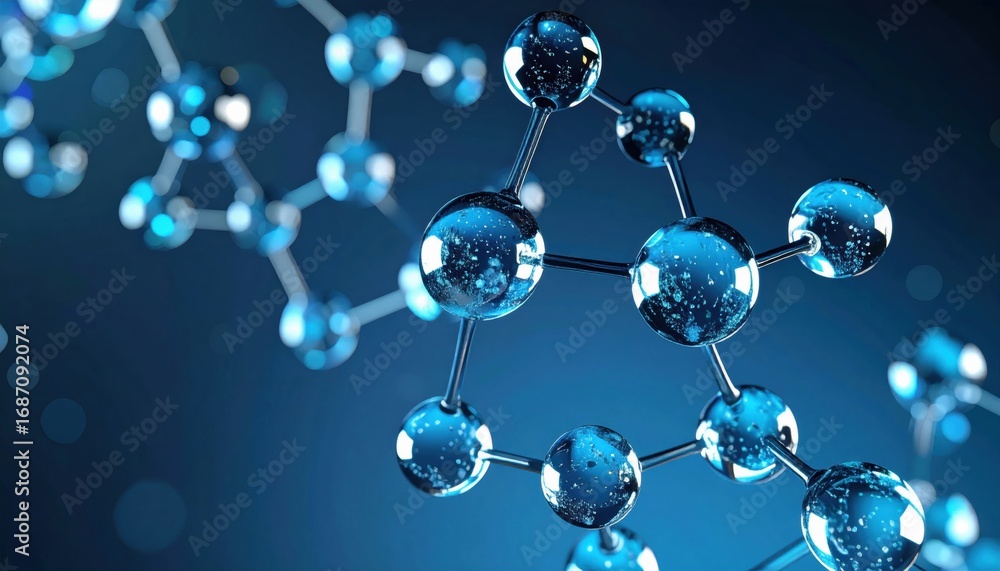 Poster a close-up view of blue molecular structures floating in a digital space, symbolizing scientific con