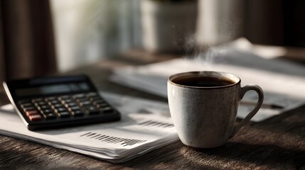 A steaming mug of coffee sits beside a calculator and financial papers on a wooden desk in the morning light