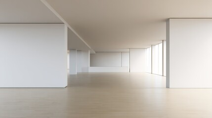 Fototapeta premium A minimalist living room with clean lines, white walls, and wooden floors, exuding simplicity.