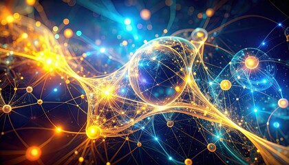 An abstract digital representation of interconnected spheres and lines, showcasing a vibrant interplay of light and color.