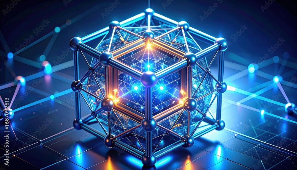 Poster a vivid, futuristic 3d rendering of a geometric structure with glowing elements, representing advanc