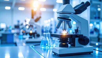 A close-up of a microscope in a laboratory setting, illuminated to highlight its features, with blurred glassware and lab equipment in the background.
